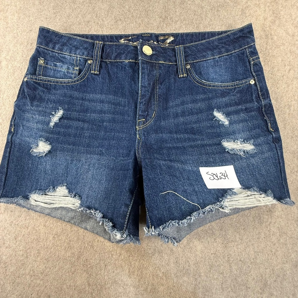 Seven7 Womens Distressed Denim Shorts Dark Wash Frayed Hem Size 10 SOL34